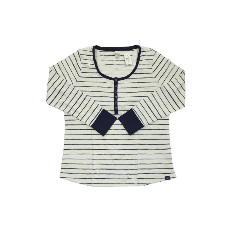 L.L.Bean Womens Unshrinkable Mini Waffle Henley Stripe LS Top